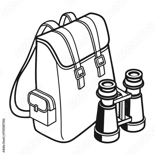 A simple black and white line art illustration of a classic canvas backpack with leather straps and buckles next to a pair of binoculars