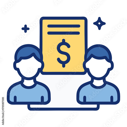 Business teamwork icon depicting people collaborating on a financial transaction or deal, representing partnership, communication, and monetary exchange