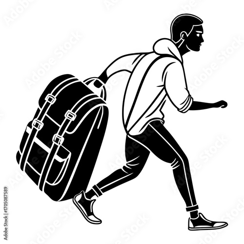 Silhouette of a young man in a hoodie and athletic pants running with a large duffel bag symbolizing travel adventure and movement