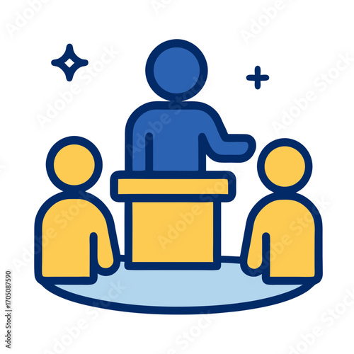 Teamwork and people icon representing a leader addressing a group, communication and collaboration concept