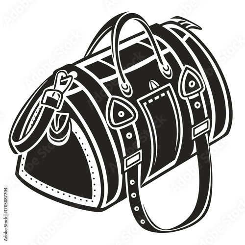 Stylized black and white illustration of a vintage duffel bag with straps and buckles perfect for travel or gym themes