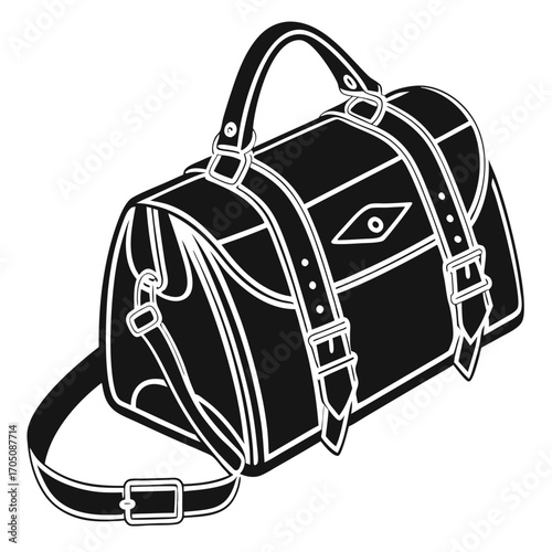 Stylish black duffel bag with a top handle and adjustable shoulder strap featuring buckle closures and decorative stitching for a vintage look