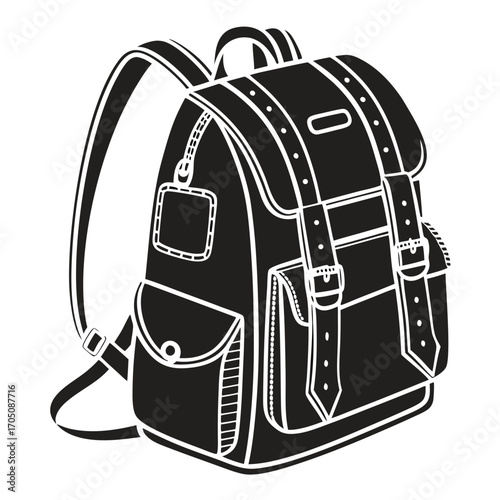 Stylized black and white illustration of a classic leather backpack with buckles and pockets perfect for travel or school themes
