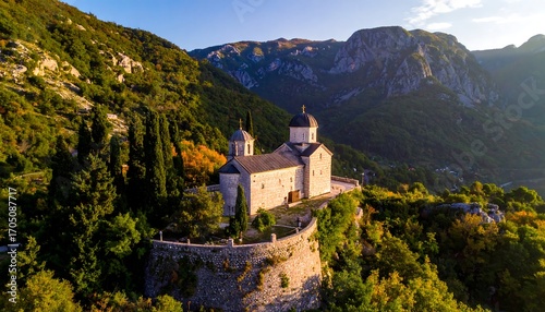 Mountaintop church at sunset