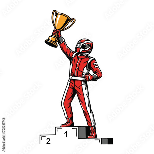A race car driver in a red suit stands on a podium holding a trophy, celebrating victory.