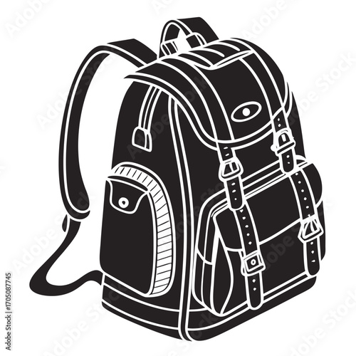 A detailed black and white illustration of a classic canvas backpack with multiple pockets and straps perfect for travel or outdoor adventures