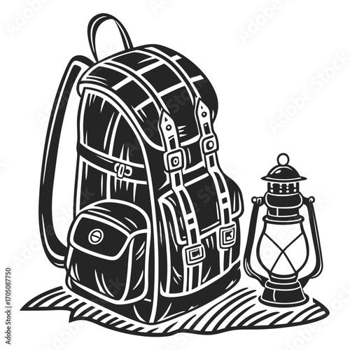 Retro style black and white illustration of a vintage backpack and a kerosene lantern placed on a striped mat representing the ground