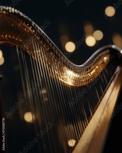 Elegant golden concert harp with shimmering strings, close-up against a dark background with warm bokeh lights.