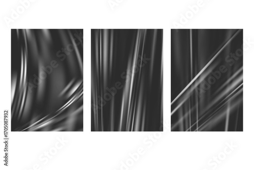 Plastic wrapping clear film. Transparent vinyl package with wrinkles on black background. Cover with foil overlay texture. Vector pvc warp material for poster and banner design.