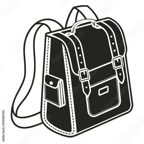 Classic black and white illustration of a vintage satchel style backpack with buckles and a side pocket perfect for school or travel themes