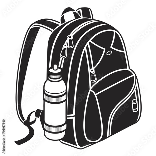 Simple black and white illustration of a modern backpack with a water bottle attached to the side featuring zippers and straps for carrying essentials