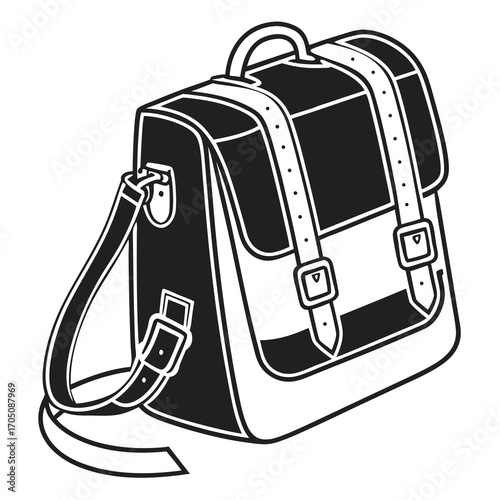 A classic black and white illustration of a vintage leather satchel bag with buckle straps and a shoulder strap perfect for school or travel