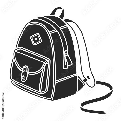 A simple black and white illustration of a classic backpack with a front flap and two straps perfect for school or travel themes