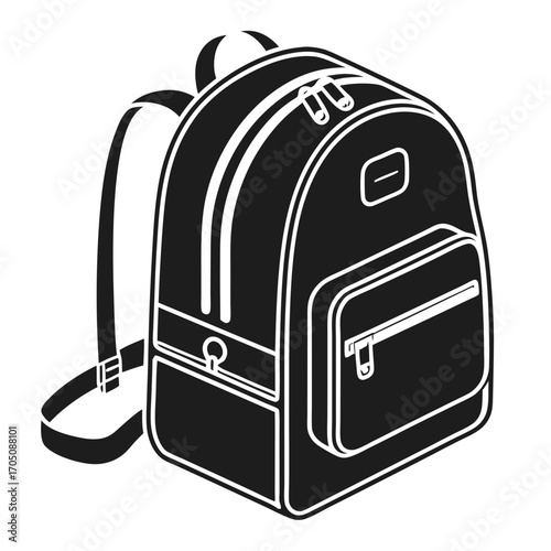 A simple black and white outline illustration of a modern backpack with two zippers on the main compartment and a front pocket with a zipper