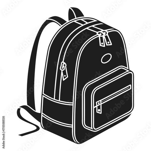 A black and white graphic illustration of a modern backpack with two shoulder straps and multiple zippered compartments isolated on a white background