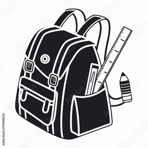 A black and white illustration of a backpack with a ruler and pencil sticking out of a side pocket symbolizing education and school supplies
