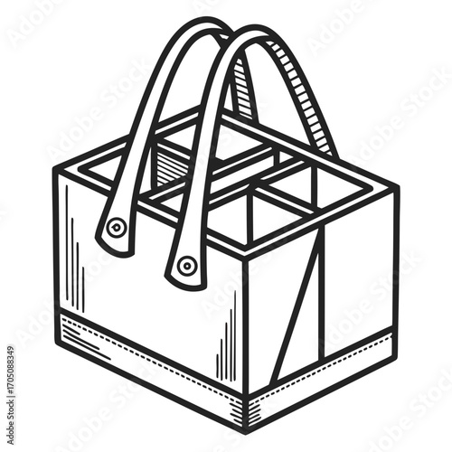 A simple black and white line art illustration of a six pack carrier basket with two sturdy handles and internal dividers perfect for beverages or other items