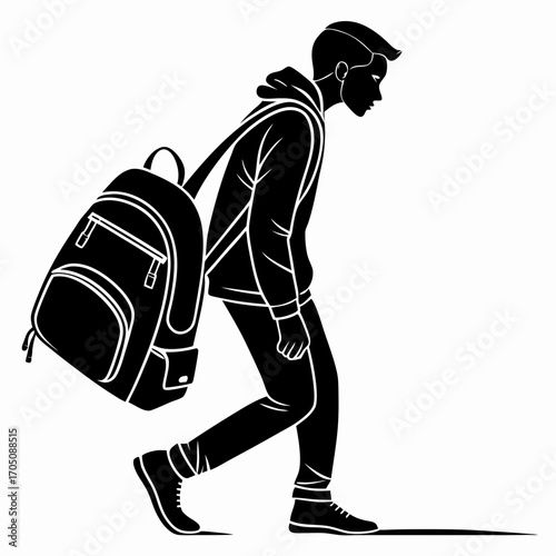 Silhouette of a young person wearing a backpack and a hooded jacket walking with a slumped posture and head down