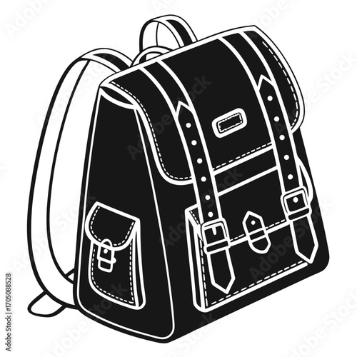 A classic black and white illustration of a vintage style backpack with buckles and straps perfect for school or travel themes