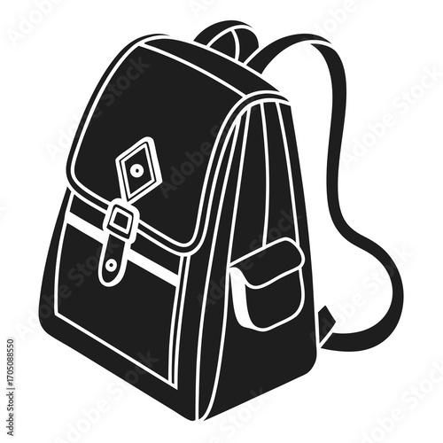 A simple black and white graphic illustration of a classic backpack with a front flap pocket and buckle closure perfect for school or travel themes