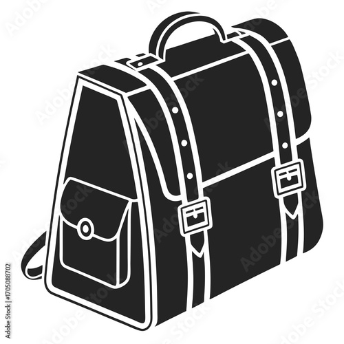 Classic black leather satchel bag with buckle straps and a front pocket isolated on a white background representing vintage style and functionality
