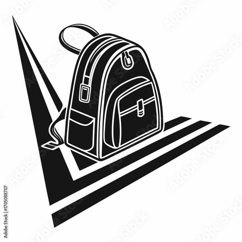 Stylized black and white graphic illustration of a backpack with a clean modern design on a geometric background representing forward movement or progress