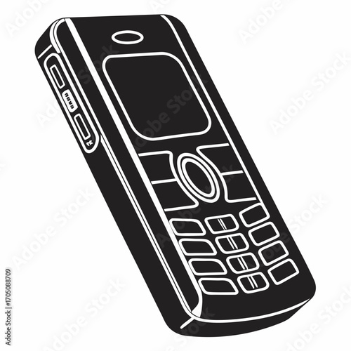 A black and white graphic silhouette of a classic flip mobile phone with a physical keypad and screen isolated on a white background