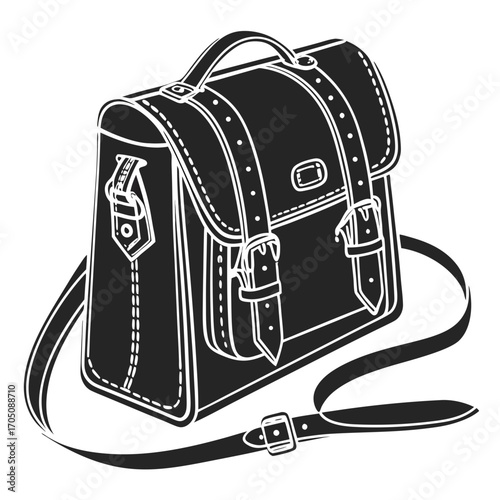 Classic black and white illustration of a vintage leather satchel bag with buckles and a shoulder strap perfect for school or travel
