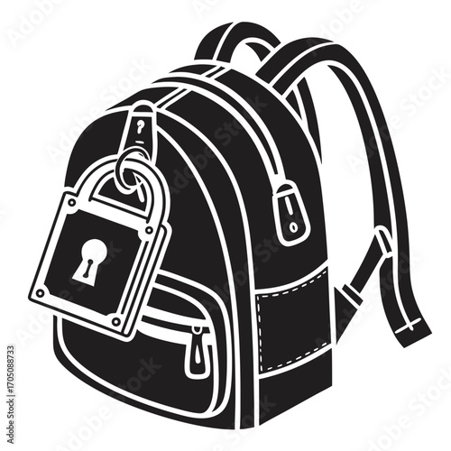 Black and white illustration of a backpack with a padlock hanging from a zipper symbolizing security safety and protection of belongings
