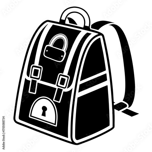 Stylized black and white graphic illustration of a classic backpack with a padlock on the front flap and a keyhole emblem symbolizing security and safety