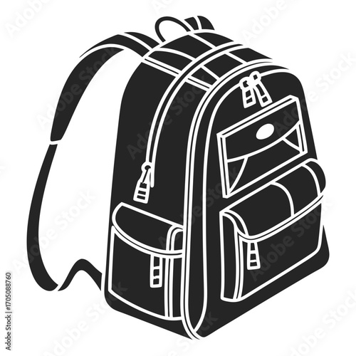 A detailed black and white illustration of a classic backpack with multiple compartments and zippers perfect for school or travel