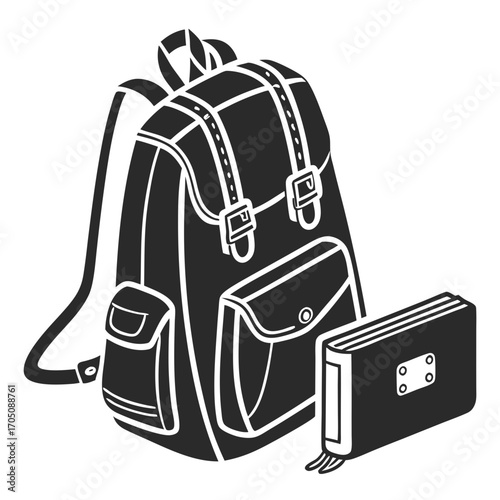 A black and white illustration of a classic leather backpack with buckles and pockets next to a stacked book with a simple binding and decorative elements