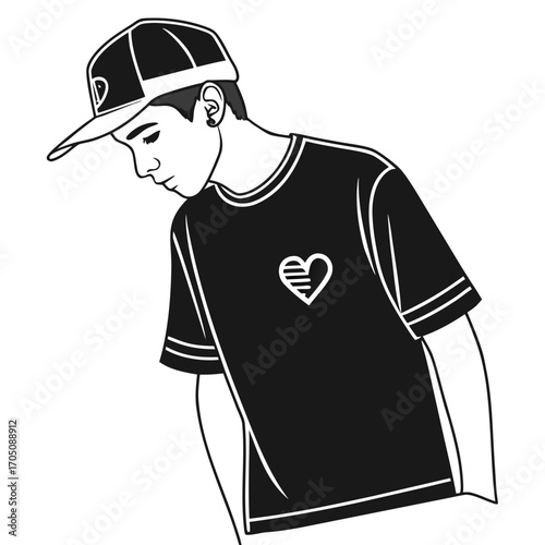 Stylish young man wearing a black t shirt with a white heart emblem and a baseball cap looking down with a thoughtful expression