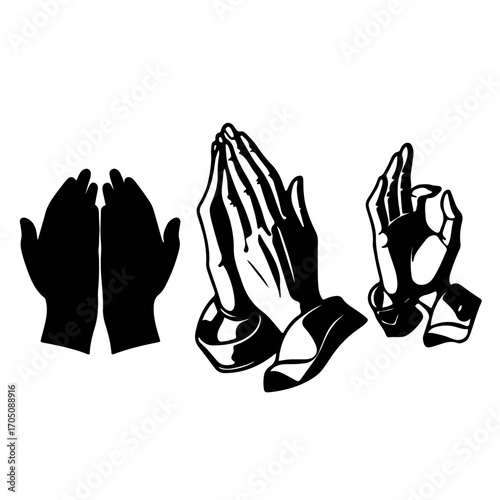 A conceptual black and white icon featuring a close-up of different hand gestures in prayer, such as hands clasped in front of the chest, palms open to the sky, and various mudra gestures