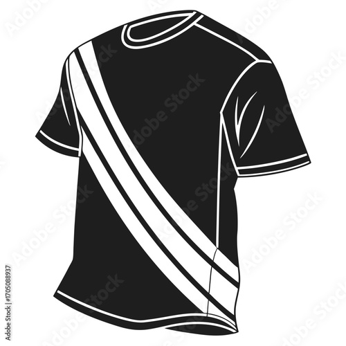 A sleek black t shirt with bold white diagonal stripes across the chest and white trim on the sleeves and hem