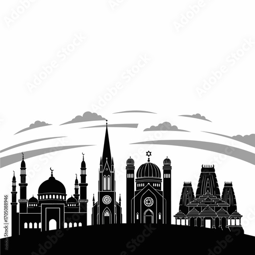 A striking black and white icon featuring the sharp silhouettes of various houses of worship—a mosque, church, synagogue, and temple—all standing together on a hill under the same sky