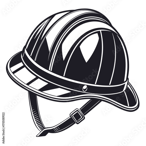 Stylized black and white illustration of a vintage safari pith helmet with chin strap and buckle on a white background