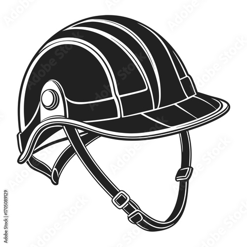 A black and white graphic illustration of a classic hard hat with a chin strap symbolizing safety and construction work