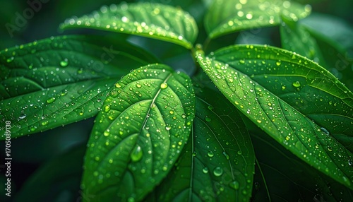 Close-up view of lush green leaves covered in sparkling water droplets, showcasing intricate leaf veins and a vibrant, refreshing natural scene.