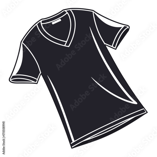 Simple black v neck t shirt with short sleeves and a clean outline isolated on a white background representing casual wear and basic apparel