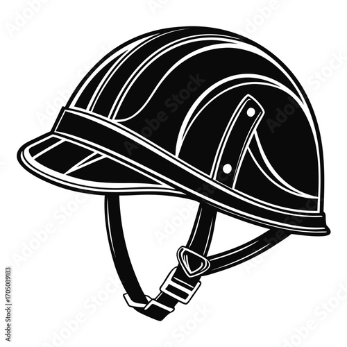 A black and white illustration of a classic rider s helmet with a chin strap and visor symbolizing equestrian safety and sport