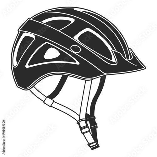 Stylish black and white vector illustration of a modern cycling helmet with ventilation holes and adjustable straps for safety and comfort