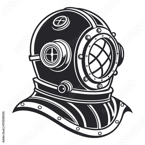 Vintage deep sea diving helmet illustration in black and white with a classic retro style and intricate details for historical exploration