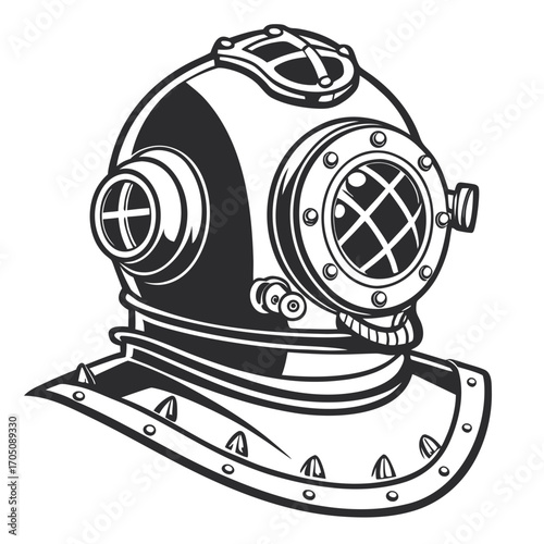 Vintage deep sea diving helmet with protective metal grille over the front glass and side porthole windows for underwater exploration