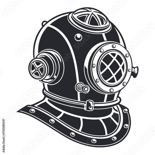 Vintage deep sea diving helmet with detailed metalwork and glass portholes isolated on white background in a classic illustration style