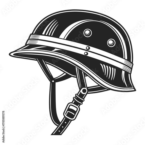 Vintage style black and white illustration of a classic military helmet with chin strap and buckle isolated on white background