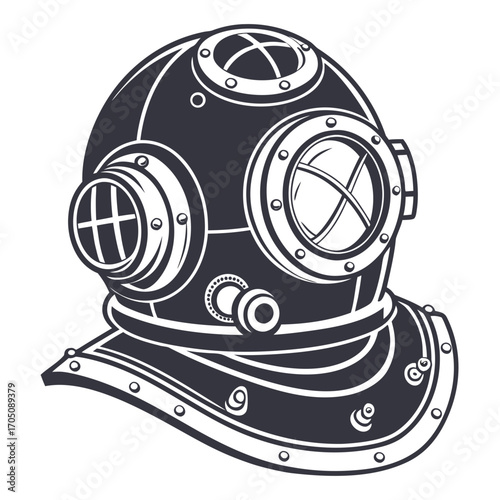 Vintage deep sea diving helmet with porthole windows and bolted details a classic piece of underwater exploration equipment in a graphic illustration style