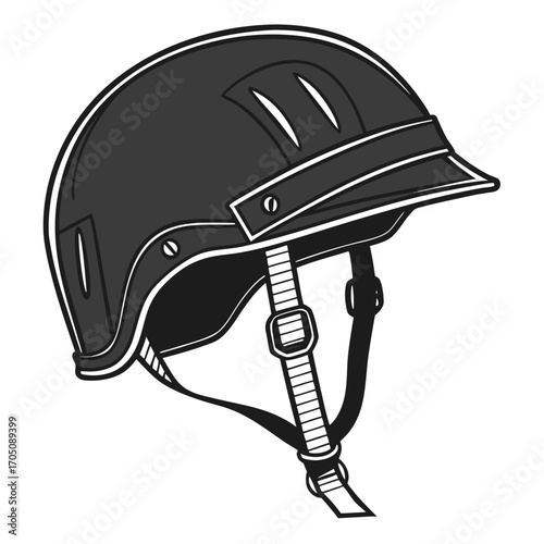 Stylized black and white illustration of a protective helmet with vents and adjustable straps perfect for sports and outdoor activities