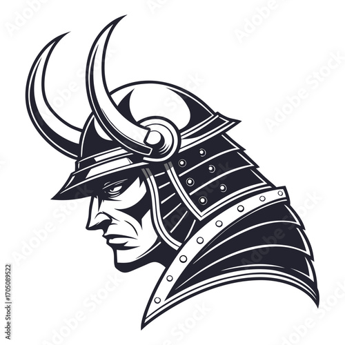 Intense samurai warrior head profile with traditional helmet and horns in black and white stylized illustration