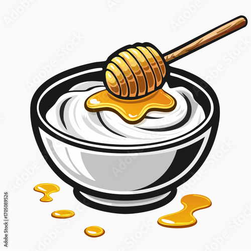 A Delicious Bowl of Yogurt Topped with Golden Honey and a Wooden Dipper, Representing Healthy Food and Sweetness